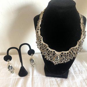 Gray and Clear Rhinestones Gold Tone Necklace & Earrings Fashion Jewelry Set